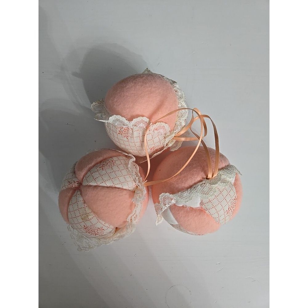 3 Victorian Style Ornate Peach & Cream With Rose Ribbon Lace Ball Ornament Xmas
